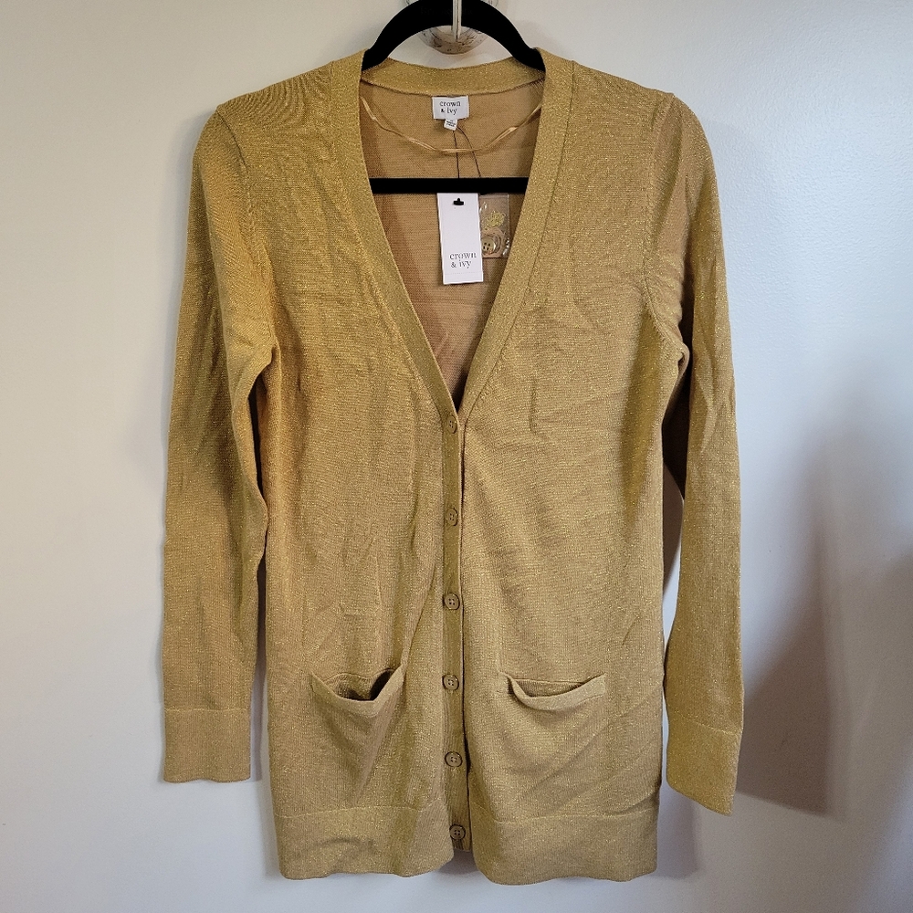 New Crown & Ivy Gold Lurex Shimmer Long Sleeve Button Front Cardigan Size Small